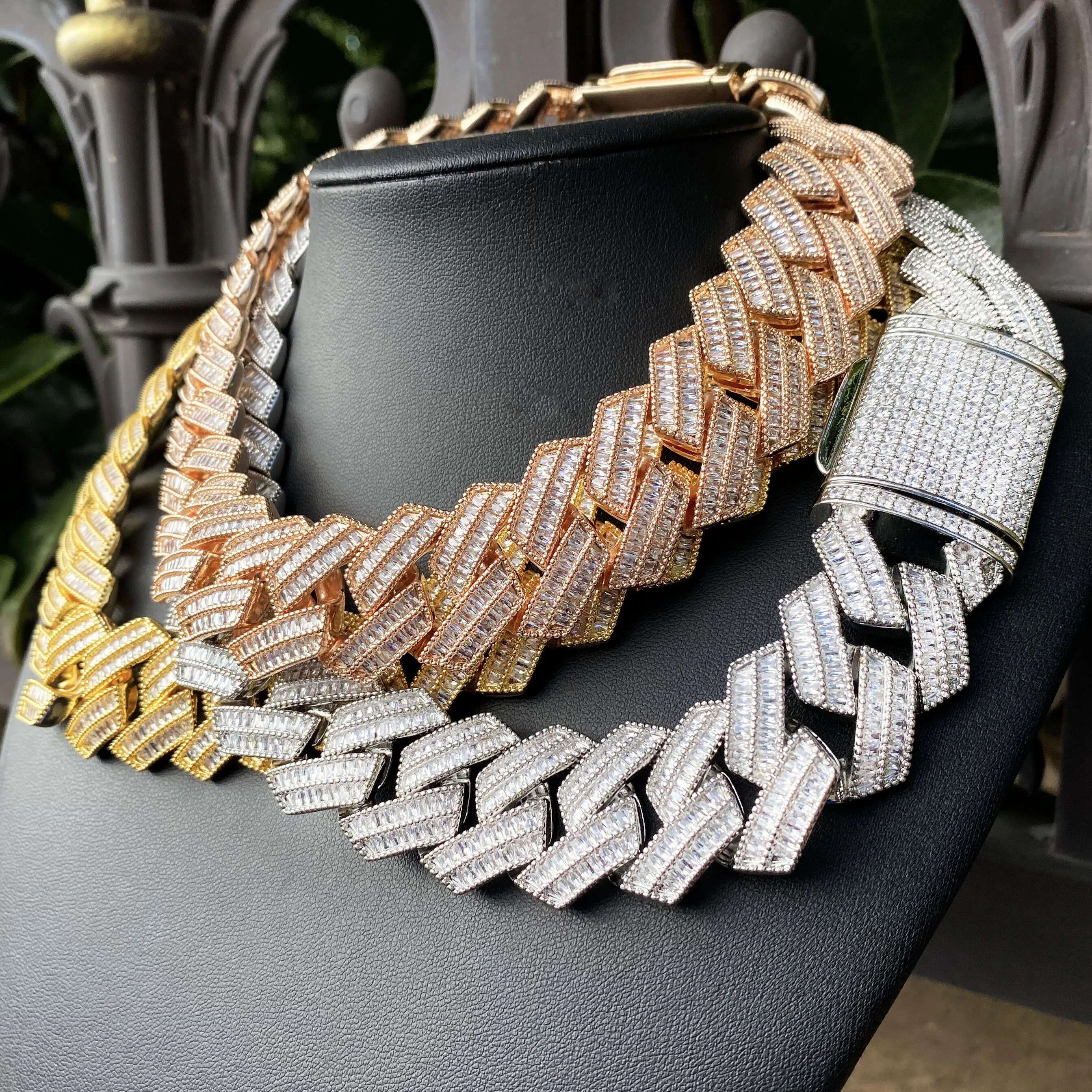 Aokaishen S Baguatte Cuban k Chain for Men Micro Pave Necklace Choker Cubic Zirconia Hip Hop Jewelry