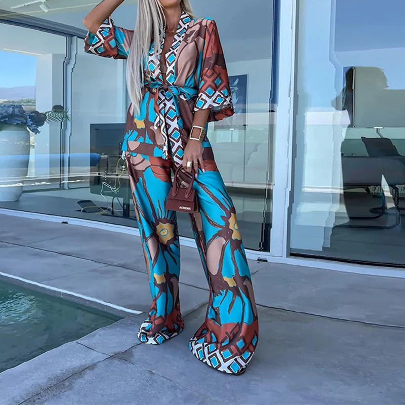 Fashion Casual Bohemia Print Loose Beach Set Spring Wide Leg Long Pants Suits Autumn Women QuarterSleeved Cardigan Shirt Outfit 250313