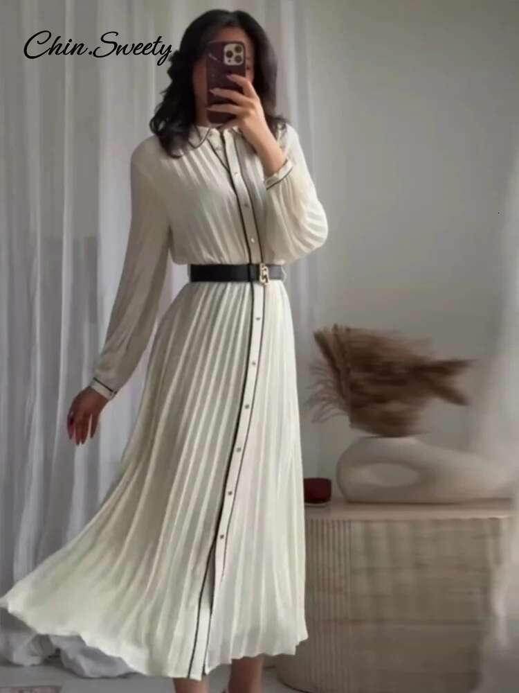 Elegant White Pleat Dress Women Belt Lapel Long Sleeve Single-Breasted Dresses 2025 Spring Summer Lady High Street Robes