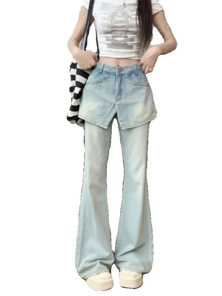 Summer Korean Fashion Two Piece Spliced Skirt Jeans Women High Waist Slimming Straight Pants Flare Clothing 250310