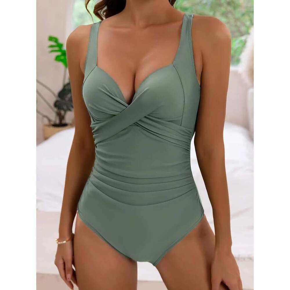Women's plain pleated swimsuit, one-piece, solid color, beachwear, bather, summer jumpsuit, 2024