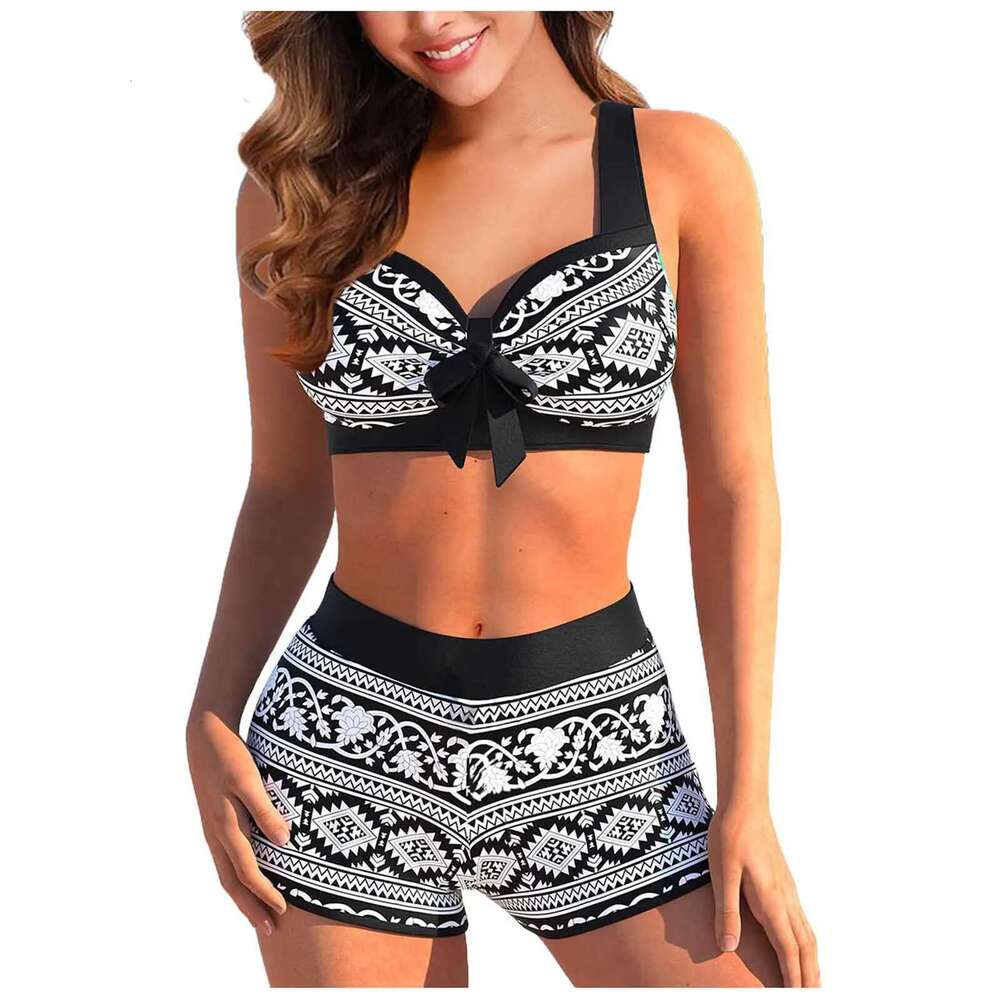 Two piece swimsuit, sexy, split style, high waist, printed, bikini, retro fashion, with bra pad and no steel bra