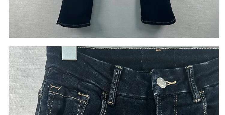 Dark Blue Split Flare Jeans Slim Office Women's Elegant Trousers