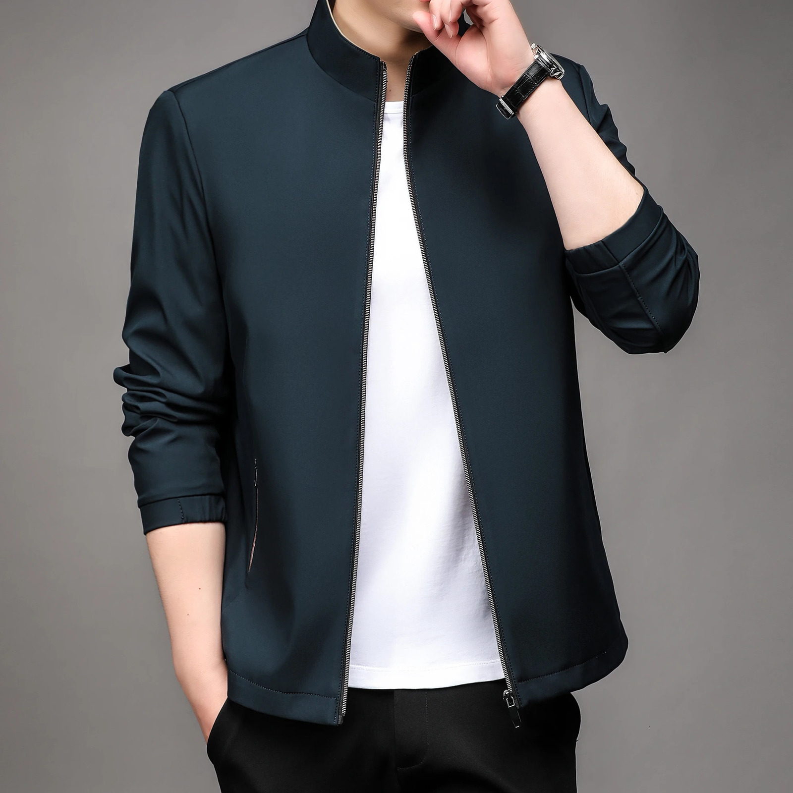 High quality handsome guy springsummer mens business casual jacket solid color fashion no trace stand collar M4XL 250313