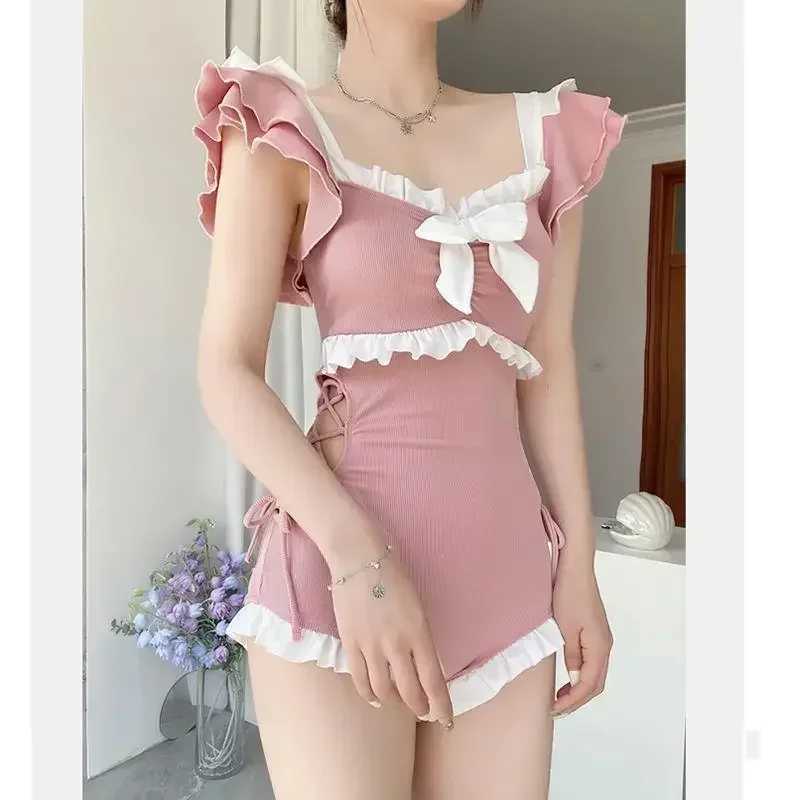 Kawaii Women Swimsuit Bikini One-Piece Monokini Sexy Push Up Korean Fashion Swimwear Girls Padded Beach Wear SwimmingXJ250315