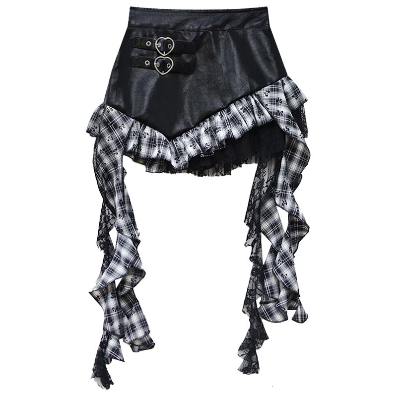 Faux Leather Mini Skirt with Plaid Ruffle Lace Trim HeartShape Buckle Asymmetrical Teengirl egirl Y2k Grunge Outfit 250310