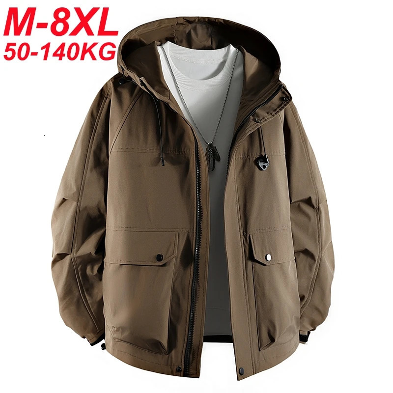 Mens jacket with hooded large pocket windproof slotted size 6XL 7XL 8XL Plus waterproof camping loose and soft 250313