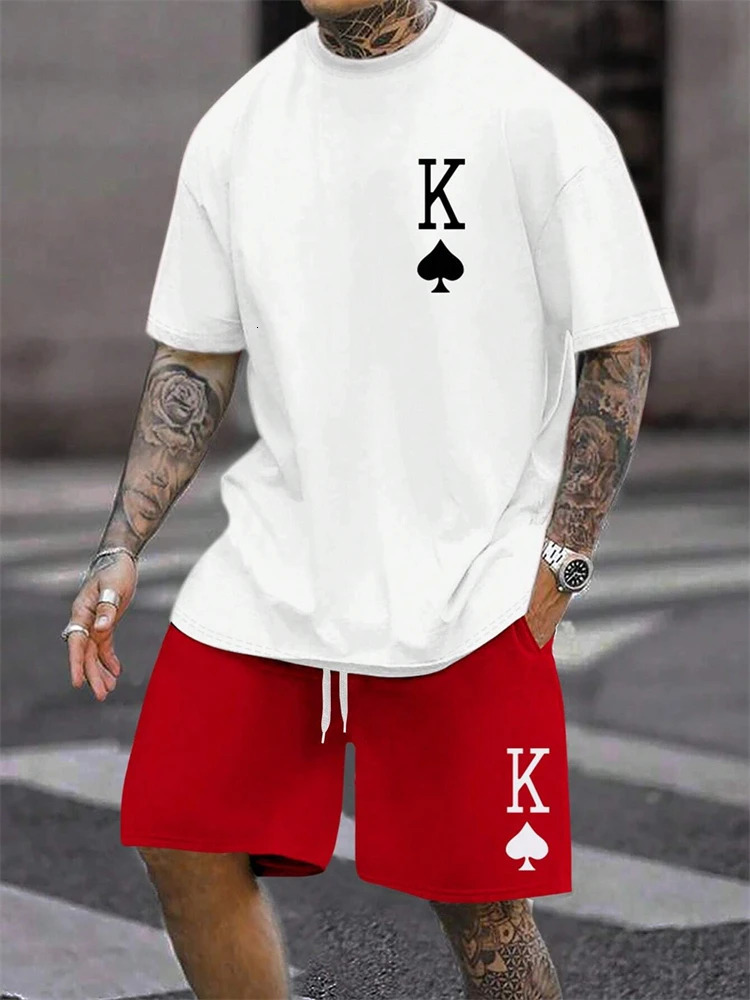 2025 Summer Mens Short sleeved Shorts Set Fashion King Printed T-shirt Shorts 2 sets Casual Round Neck Jumping Breathable S 250310