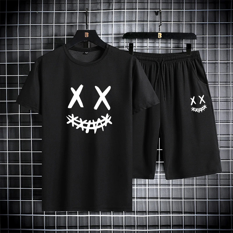 Mens summer sports suit round neck short sleeved T-shirt five quarter shorts slim fit fashion two-piece set mens clothing 250310