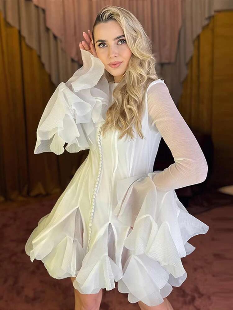 Vintage Flared Sleeve Puffy Mini Dress Women Elegant Waist-Cinching Single Breasted Slim Dresses Female Chic Party Holiday