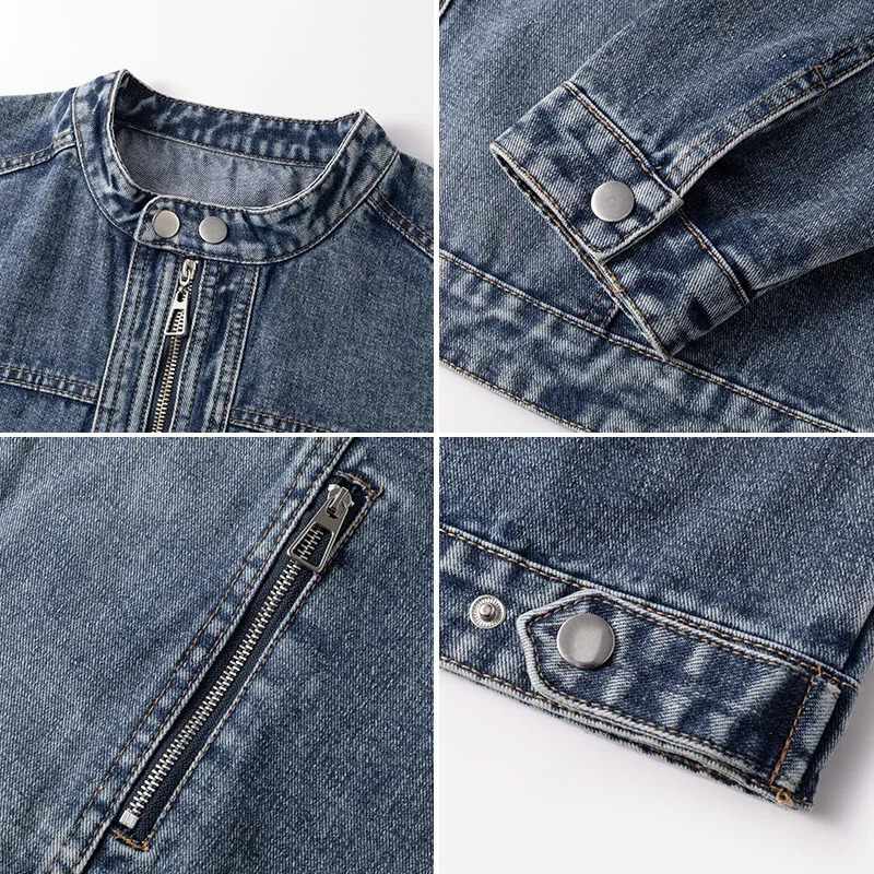 Motorcycle denim jacket mens hiphop tight fitting zipper pocket retro washed loose jeans unisex 250312