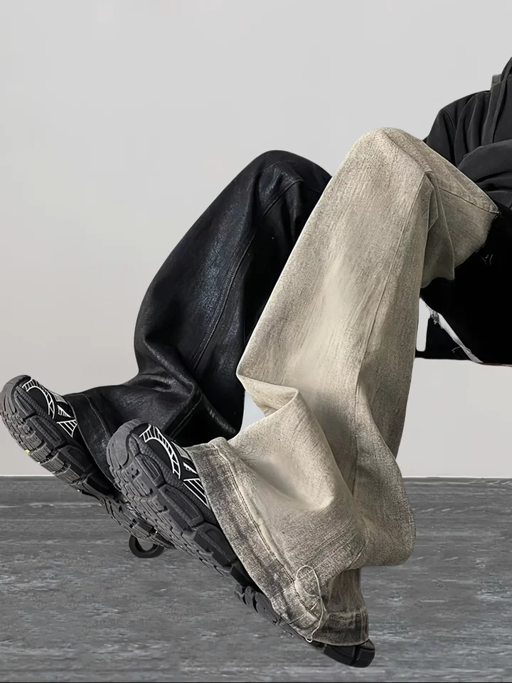 Y2K Fashion Coating waxing Patchwork Old Baggy Flare Jeans Pants Men 90s Clothes Vintage Long Trousers Mens Pants 250310
