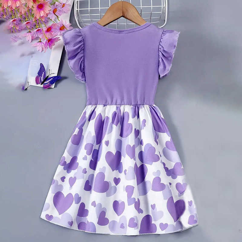 Girl's Dresses New girls' dress, children's knitted small fly sleeve printed heart round neck dress, casual dress