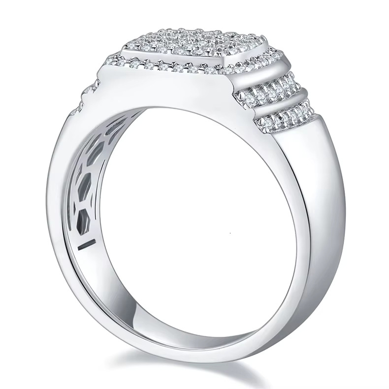 Moissanite Hip Hop Mens Thick Solid 925 Sterling Silver Ring with White Gold Plating