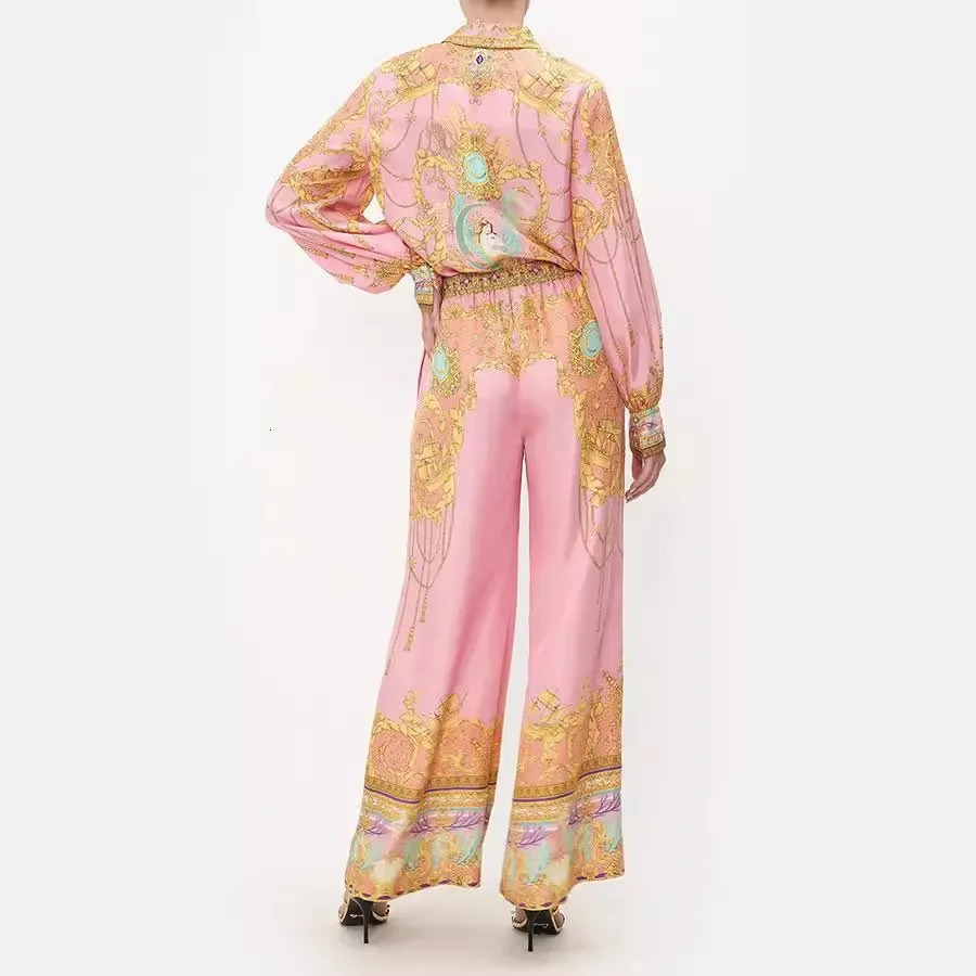 Leisure vacation printed womens twopiece set lantern sleeve pink shirt loose wide leg pants Bohemian style 250313