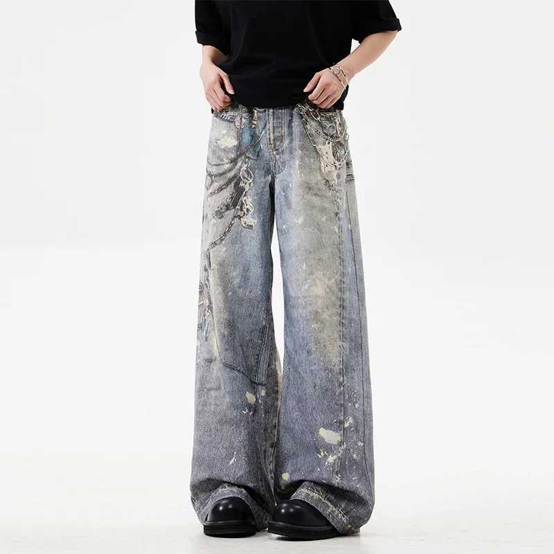 New 3D Chain Printed Baggy Jeans For Men And Women Casual Baggy Straight Denim Pants High Street Wide-leg Y2K Blue JeanT250315