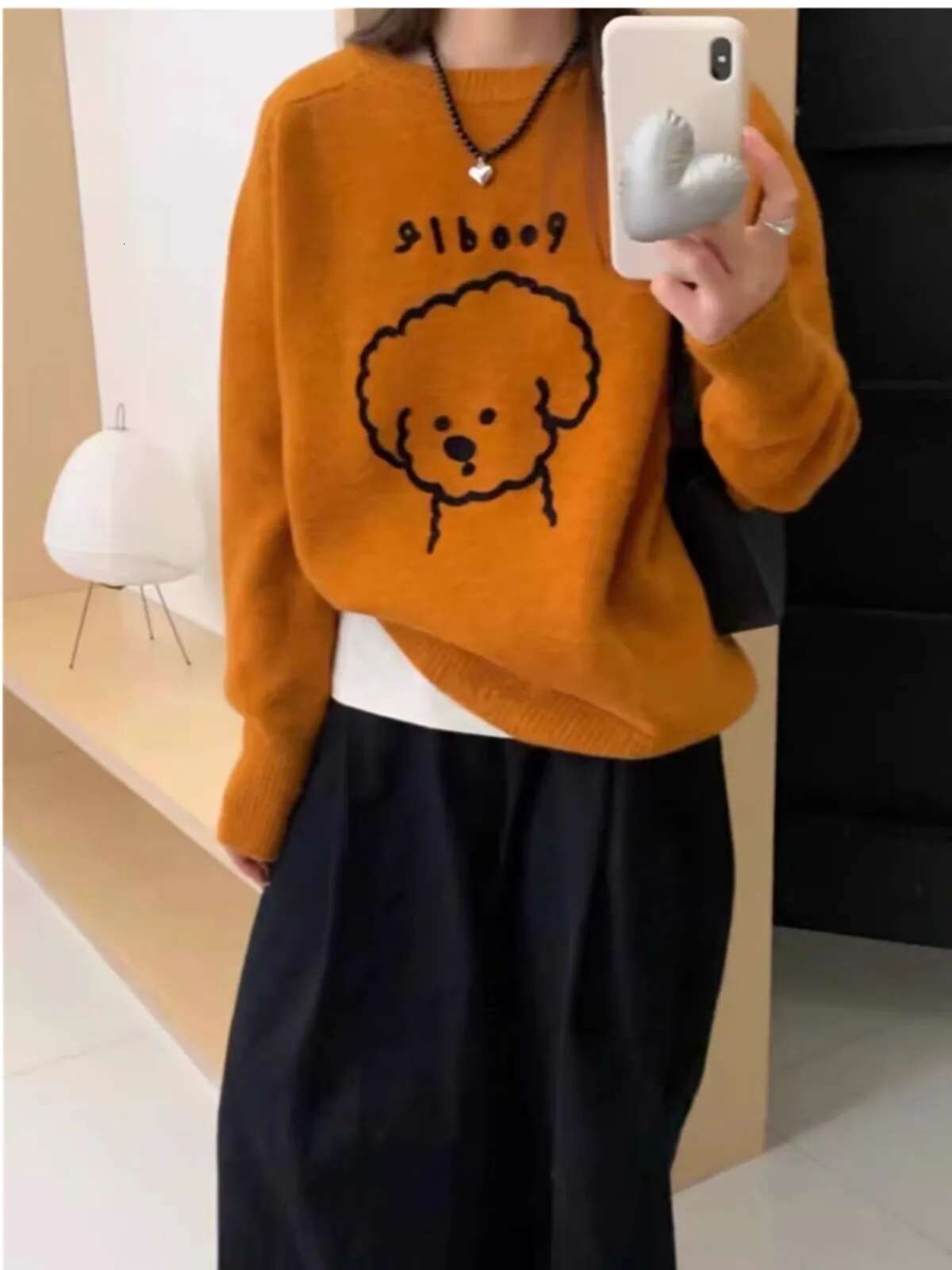 European Cartoon Dog 100 Pure Cashmere Women's Round Neck Korean Version Of Loose Jumper Knitted Bottom Sweater