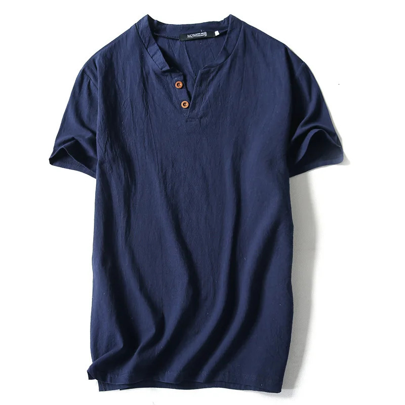 Summer T-Shirt Men Short Sleeve Loose Breathable Cotton Linen T Shirt Male Fashion Solid Color V-Neck Tees 9XL 250314