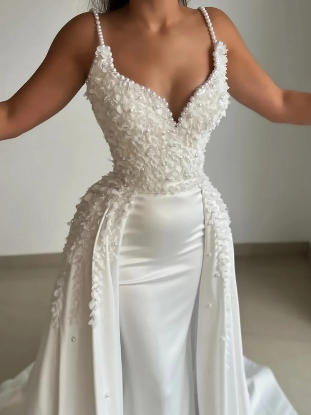 Prom Gown White Evening Dresses Party Mermaid Sleeveless Satin Plus Size Zipper Lace Up New Custom Beaded Pearls Spaghetti Flowers Sweep Train