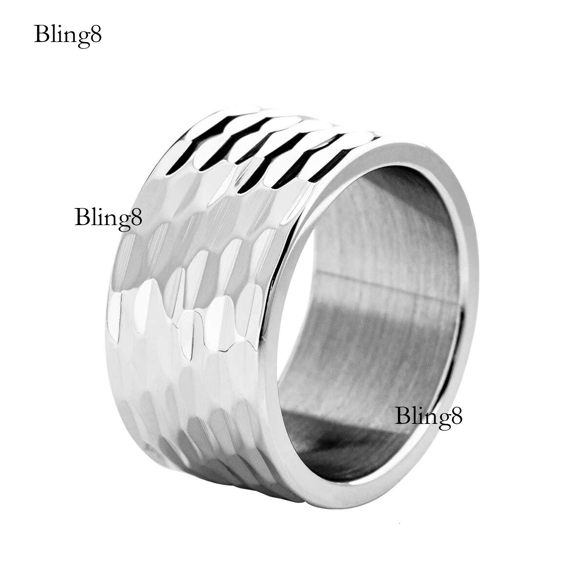 12MM Mens Sier Color Stainless Steel Hammered Multi-Faceted Polished Stepped Edges Men Engagement Ring Anniversary Gifts