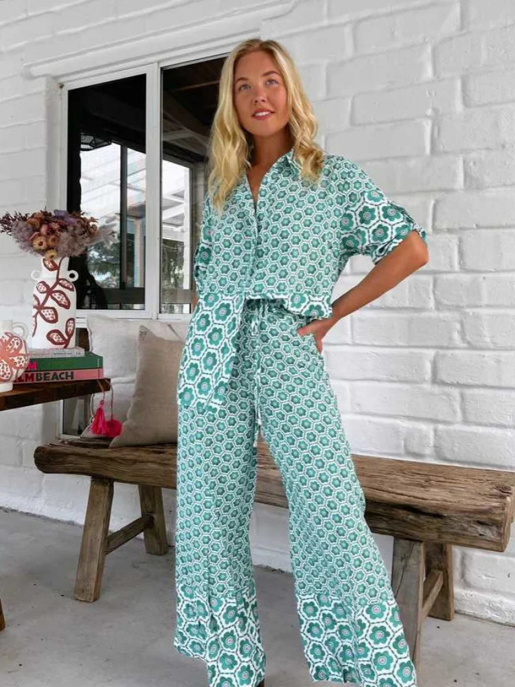 Bohemia Floral Print Loose Beach Pants Sets Women Causal Short Sleeve Shirts Two Piece Female Summer Outfits Streetwear 250313
