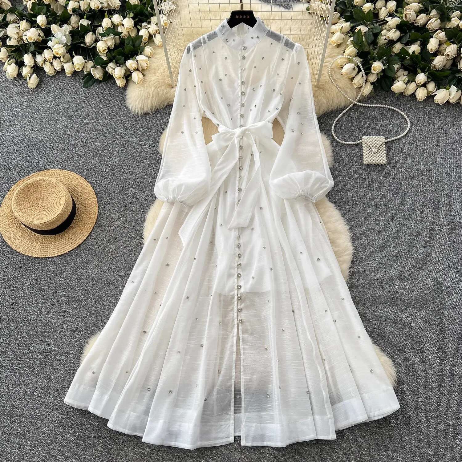 Elegant Beading Dia Mesh Prom Dress For Women Stand Collar Long Lantern Sleeve Single Breasted Belt Autumn Female Clothes