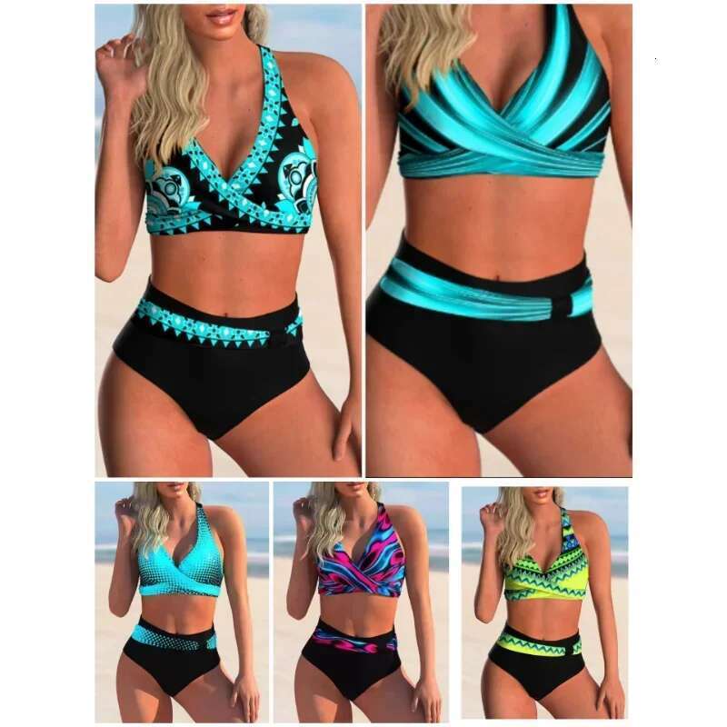 Hawaiian print 2-piece swimsuit, high waisted underwear, vintage style, bikini, women's, beachwear, new collection