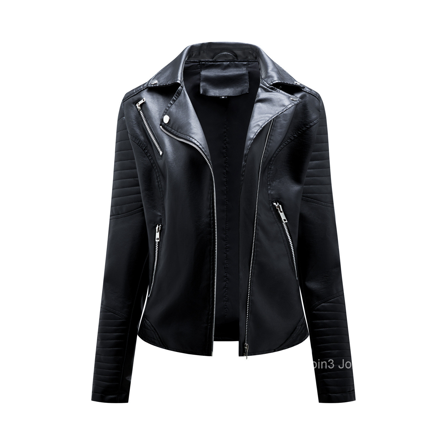 Fashion Spring and Autumn Short Leather Clothes Womens European Size Slim Fitting Lapel Motorcycle Clothes Inclined Zipper Jacket Womens Coat
