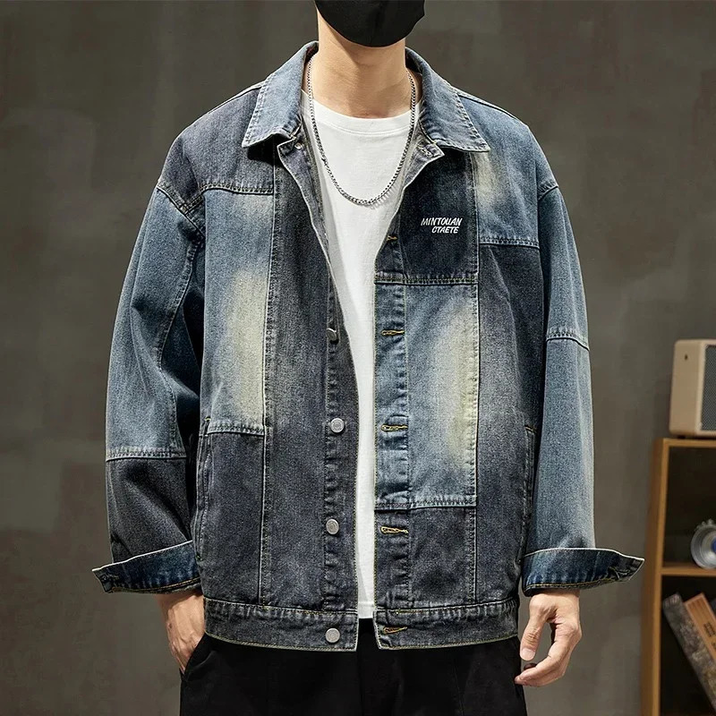 mens retro letter ed denim jacket street fashion patch work Y2K aesthetic loose jeans 250312