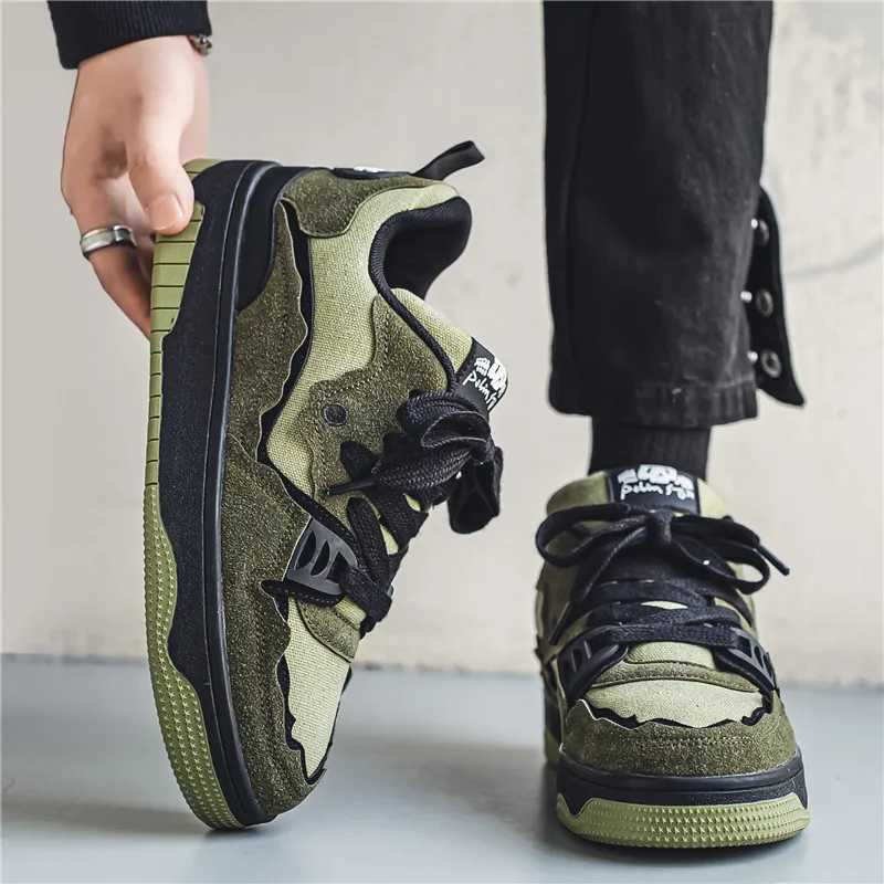 Mens Skateboarding Shoes Autumn Korean Edition Trend Casual Sports Shoes Army Green Lace Canvas Shoes Fashion Sports Shoes Y250315