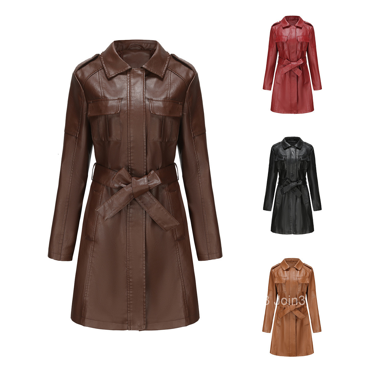 Fashion New Mid Length Leather Jacket with Belt Spring and Autumn Long Sleeved Leather Windbreaker Fashionable British Jacket Womens 6652