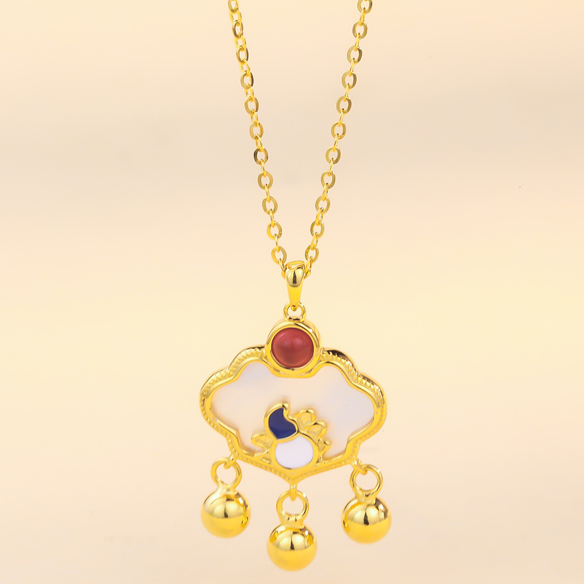 S925 Necklace Women's Sterling Silver Red Agate Gold Plated Safety Lock Ethnic Style Retro Fringe Long Life Lock Shell Necklace