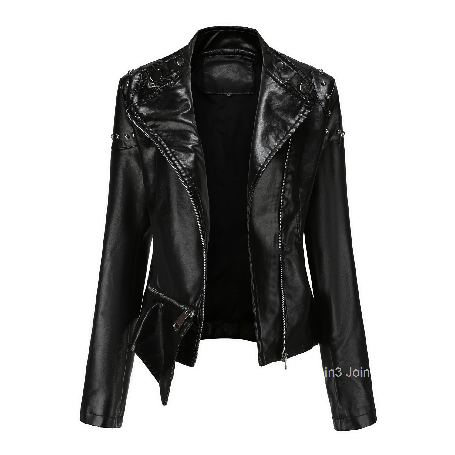 Fashion New Rivet Fashion Standing Collar Leather Coat Womens Solid Color Jacket Womens Spring and Autumn Coat Womens Rivet Leather Coat Join3