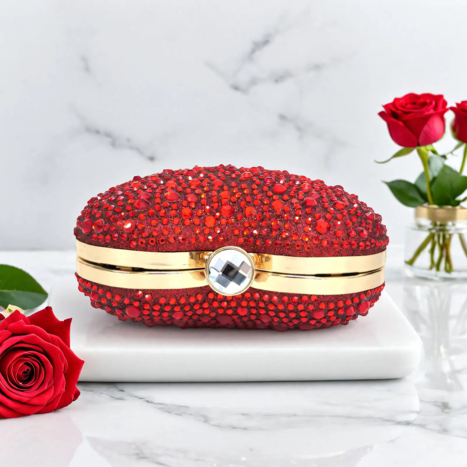 Diamond Heart-shaped Bag Red Rhinestone Evening Clutch Purse Female Wedding Handbag Woman Chain Shoulder Bags 250311