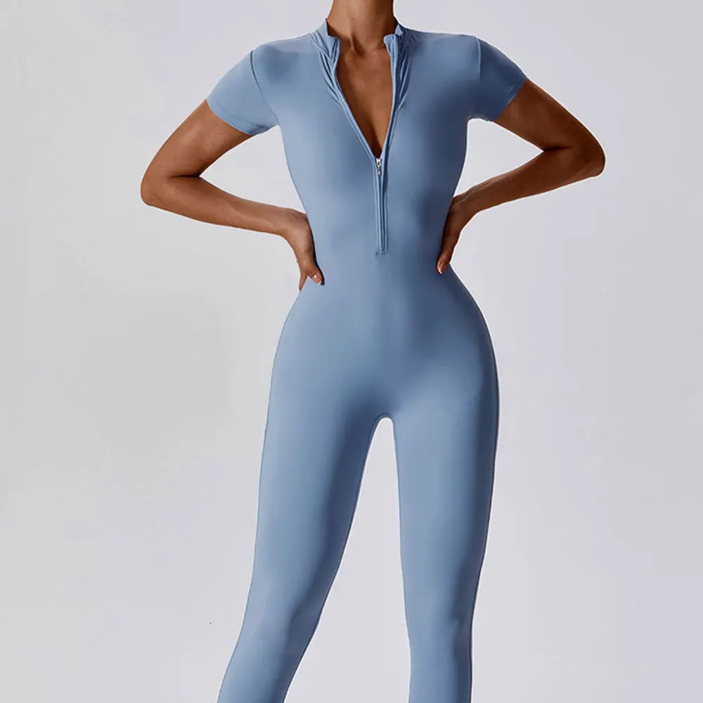 Yoga suit womens jumpsuit zipper short sleeved gym push up fiess clothing sportswear 250313