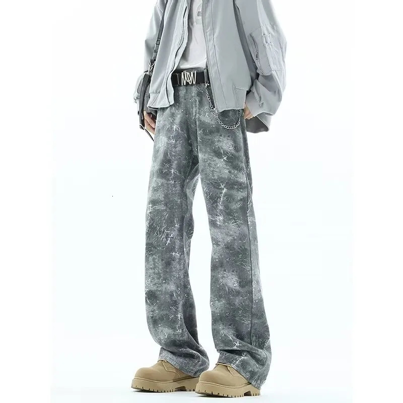 Cyber Y2K Streetwear Tie Dye Grey Slim Jeans Pants For Men 90S Vintage Clothes Straight Hip Hop Long Trousers Mens Clothing 250310