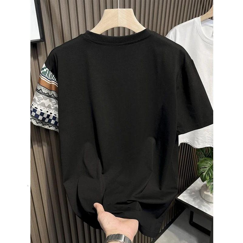 Mens fashion printed patch work pocket short sleeved T-shirt summer casual round neck ultra-thin cotton bottom top Ropa Hombre 250314