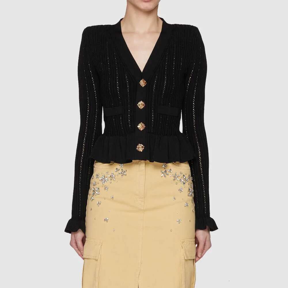Women's Black Knitted Long-Sleeved Cardigan V-Neck Slim Fit Classic Design Ladies Tops