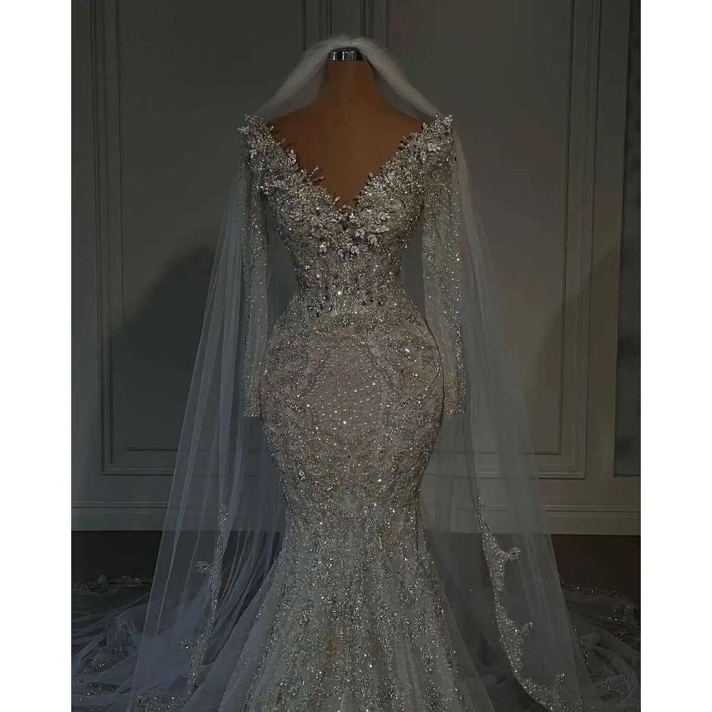 Glitter V Neck Crystal Wedding Dresses Laces Beading Sweep Train Long Sleeves Custom Bridal Dress
