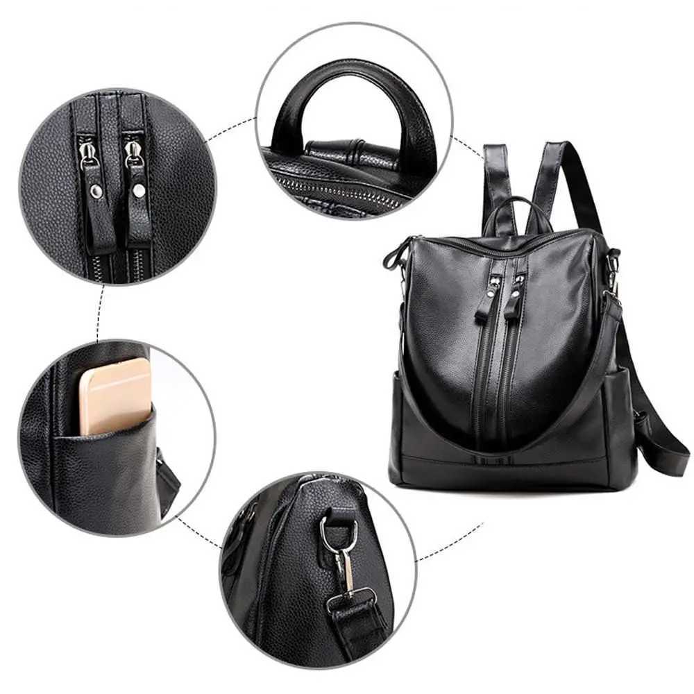 New Arrival School leather black casual multifunctional bag womens soft backpack university backpack large capacity shoulder bag handbag T250315
