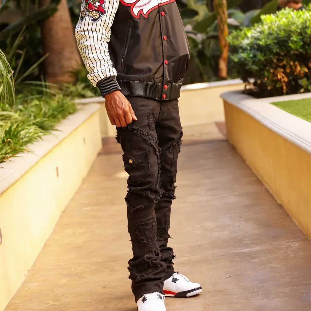 Mens ripped stacked jeans extremely slim tight straight leg jeans fashionable hip-hop jeans casual streetwearT250319