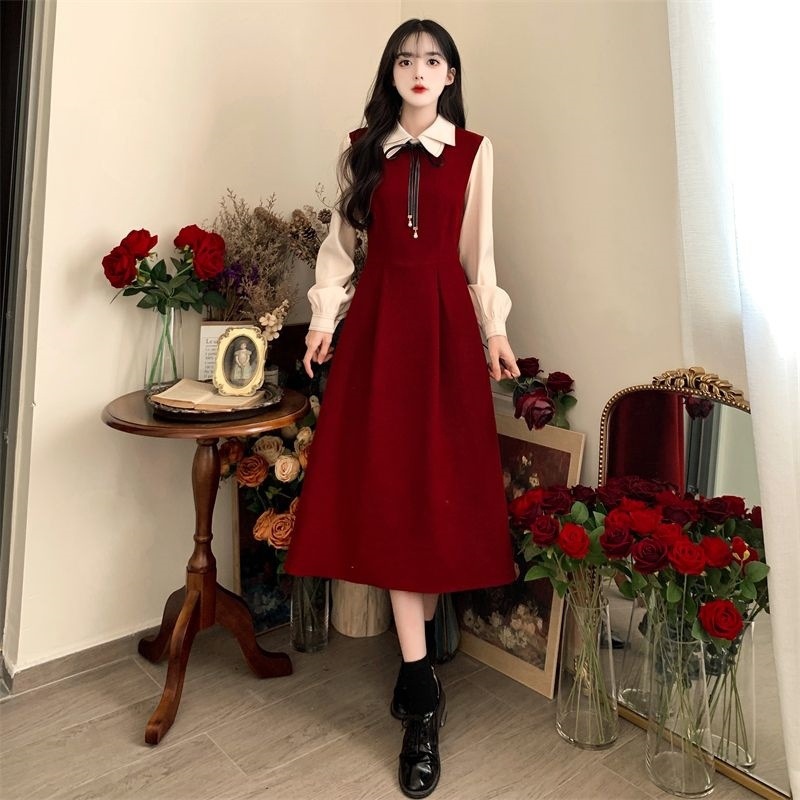 X515523 New style dress college style long sleeve retro forest style skirt temperament slim French long skirt women's clothing