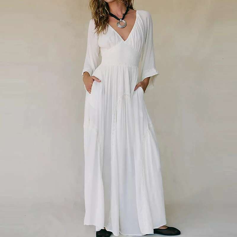 Elegant Holiday Long Fashion Deep V High Waist Pleated Desert New Summer Chiffon 3/4 Sleeve Solid Color Women Dress
