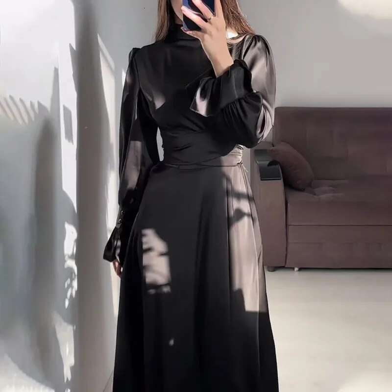 Talenza Elegant Ruffled Sleeve Women's Fashion Bandage Evening Retro Slim Lace Up Solid Color Long Dress