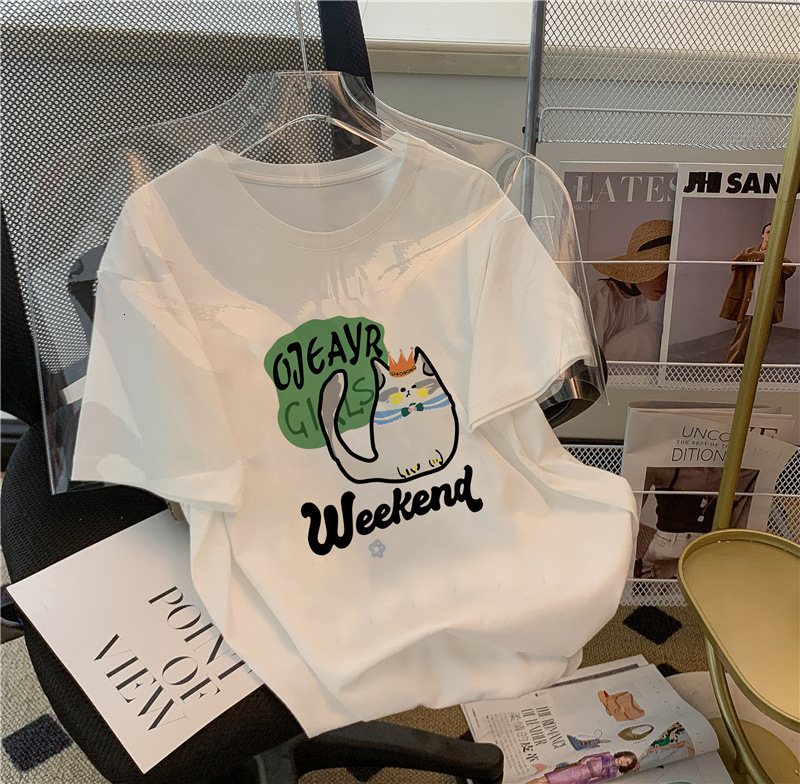 Pick Up Brand Counter Withdraws American Fun Cat Print Short Sleeved T-Shirt For Women