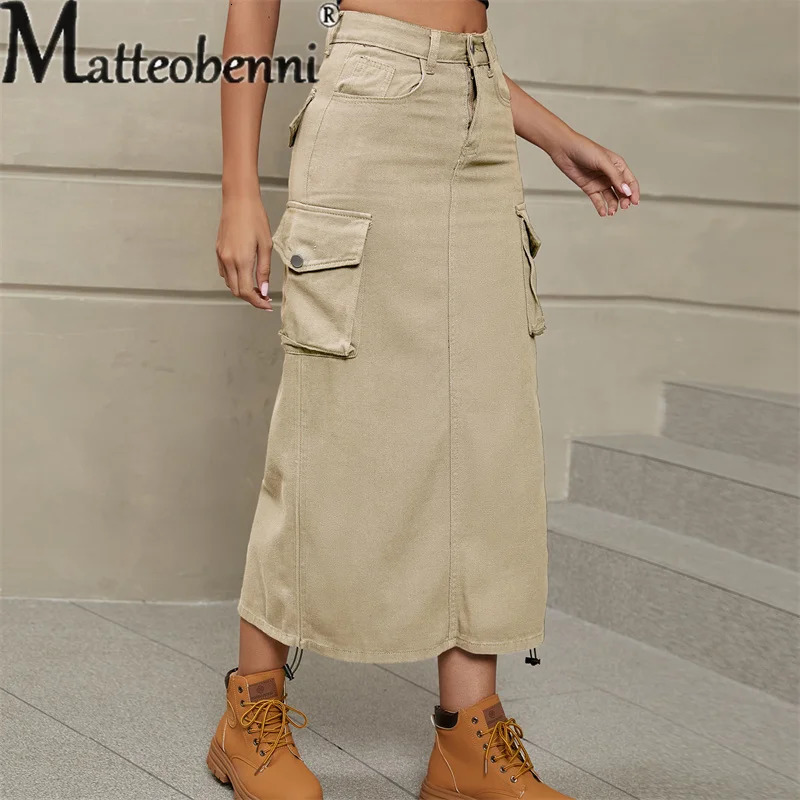 Vintage Draw Pleat Halfbody Dress Women Casual Trend Pocket Splicing Button Denim Overalls Skirt Female Clothes Streetwear 250310