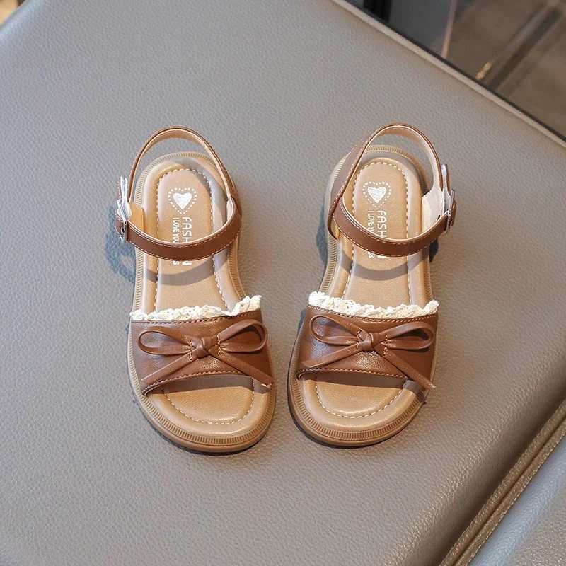 2025 Summer Little Girl Lace Sandals Korean Style New Sandal Beach for Children Fashion Bowknot Kids Causal Princess Flat SandalsT250315
