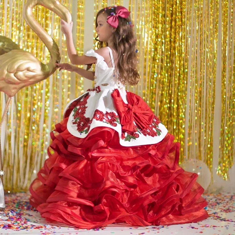Charro Mexico Little Girls Pageant Dresses Crystal Beaded Red Floral Embroidery Ruffled Long Prom Formal Wear Kids Toddler Birthday Party Quinceanera 