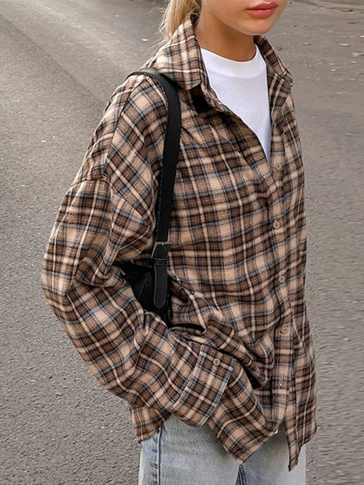 Casual Plaid Shirt Woman Loose 2025 Spring Lapel Buttons Womens Coat Full Sleeve Cozy Vintage Khaki Tops Office Lady Blouses 250310