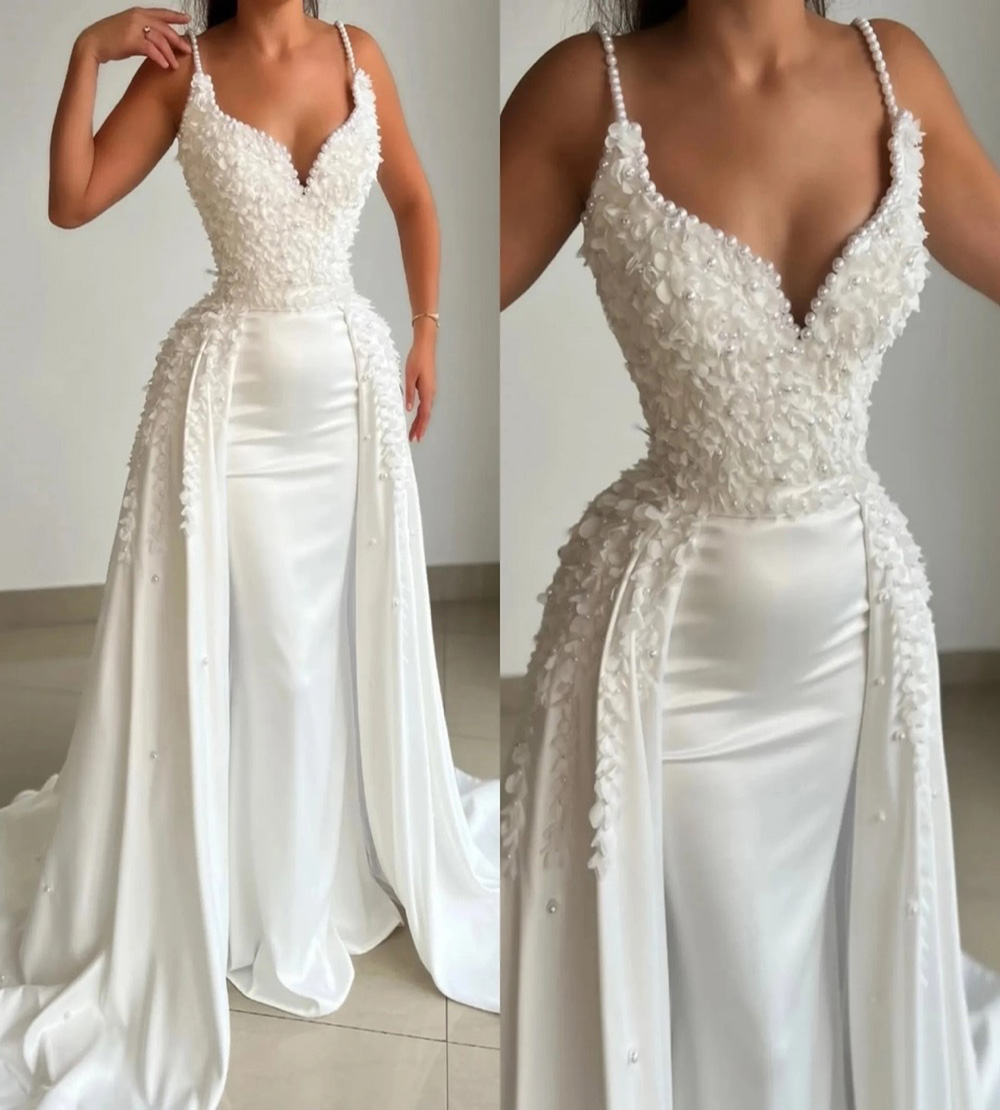 Prom Gown White Evening Dresses Party Mermaid Sleeveless Satin Plus Size Zipper Lace Up New Custom Beaded Pearls Spaghetti Flowers Sweep Train